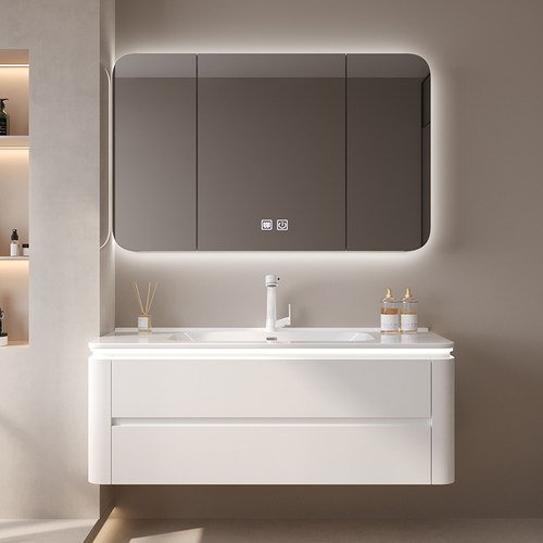 圆角浴室柜陶瓷一体盆洗漱台面化妆室洗手盆柜组合洗脸盆2023新款