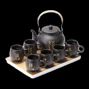 家用大号容量泡茶壶过滤客厅茶盘茶杯 紫砂原矿提梁壶防烫茶具套装