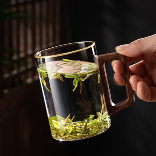 家用客厅耐高温金边水杯大容量木把待客透明玻璃杯子6只 茶杯套装