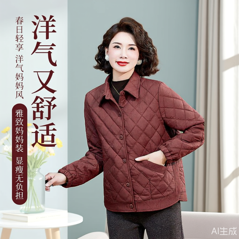 妈妈夹棉轻薄小棉袄秋装棉服洋气时尚夹克外套中老年人女装保暖衣