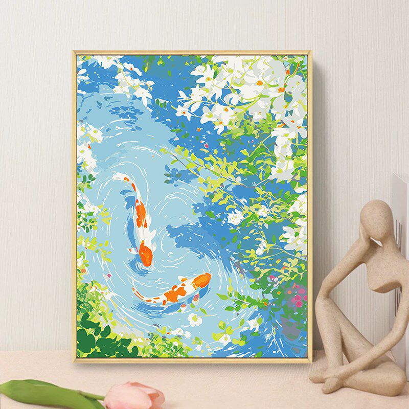 池塘锦鲤b数字油画diy填充填色手工绘年年有鱼丙烯油彩画装饰挂画