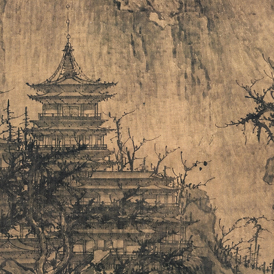 李成晴峦萧寺图高清m国画山水临摹彩色画稿丝绢宣纸宋元明代挂画