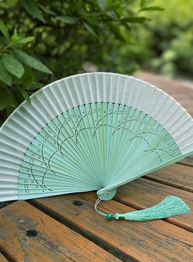 古风扇子折扇中国风青绿色新中式女生汉服旗袍夏季随X身便携小扇