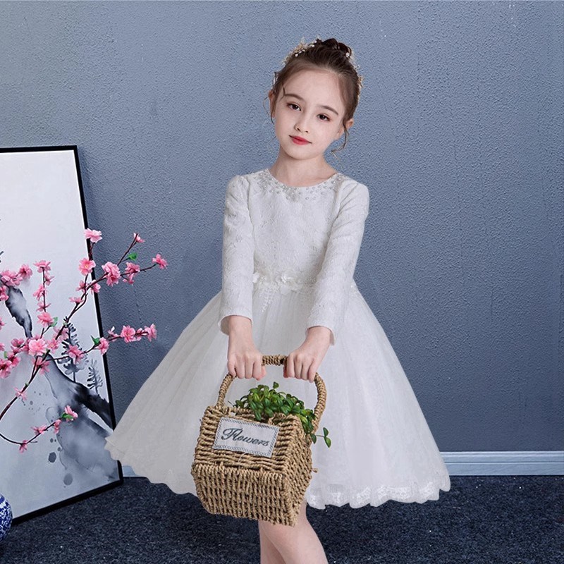 女童主持人礼服演出服钢琴秋冬装公E主裙儿童连衣裙白色纱裙蓬蓬