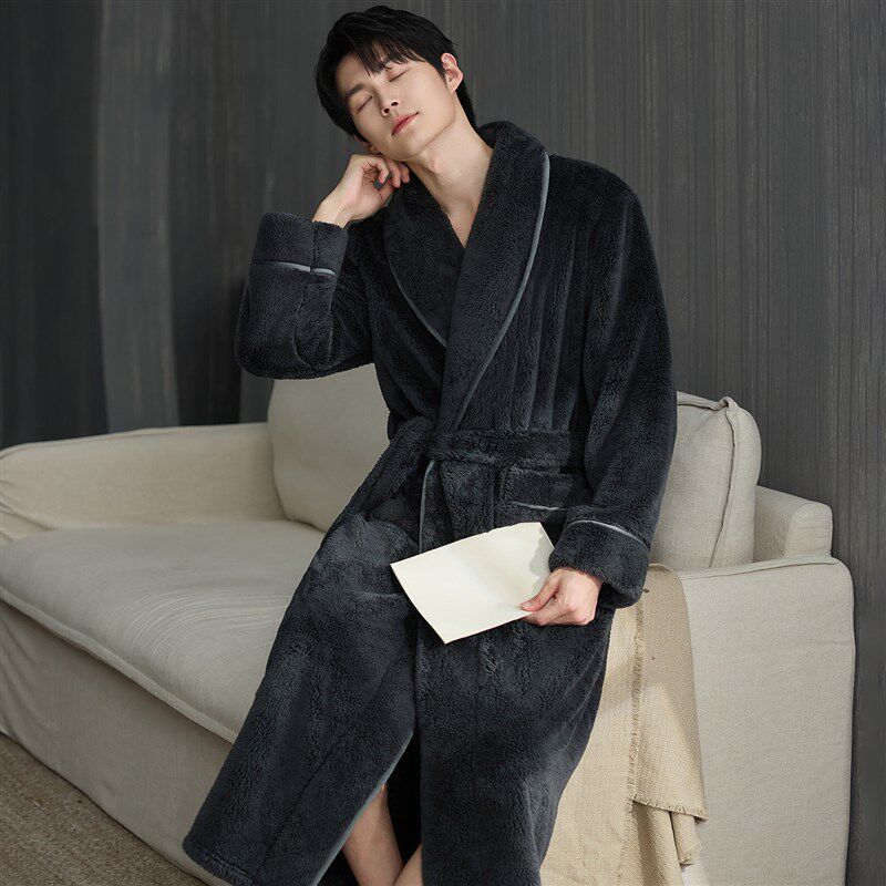 睡袍男大码休闲宽松浴袍2025新款秋冬珊瑚绒加Q厚加绒青少年家居