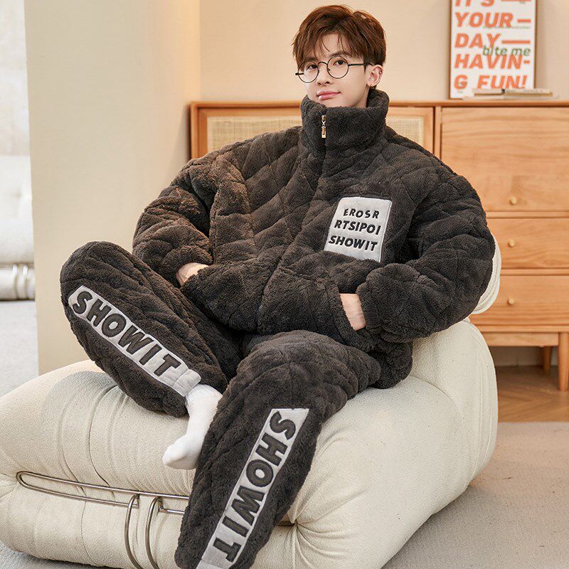 三层加厚夹棉睡衣男款冬天保暖珊瑚E绒青少年男生超厚棉袄家居服