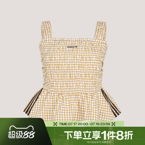 滔搏adidas阿迪达斯三叶草女子格纹荷叶边运动休闲修身背心KX7036