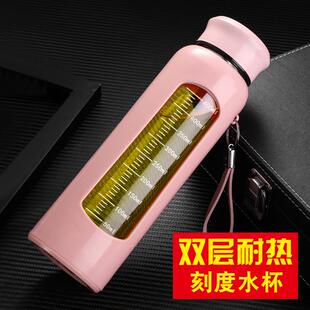 简约耐热喝水杯子 玻璃水杯家用便携带刻度双层隔热防摔女学生韩版