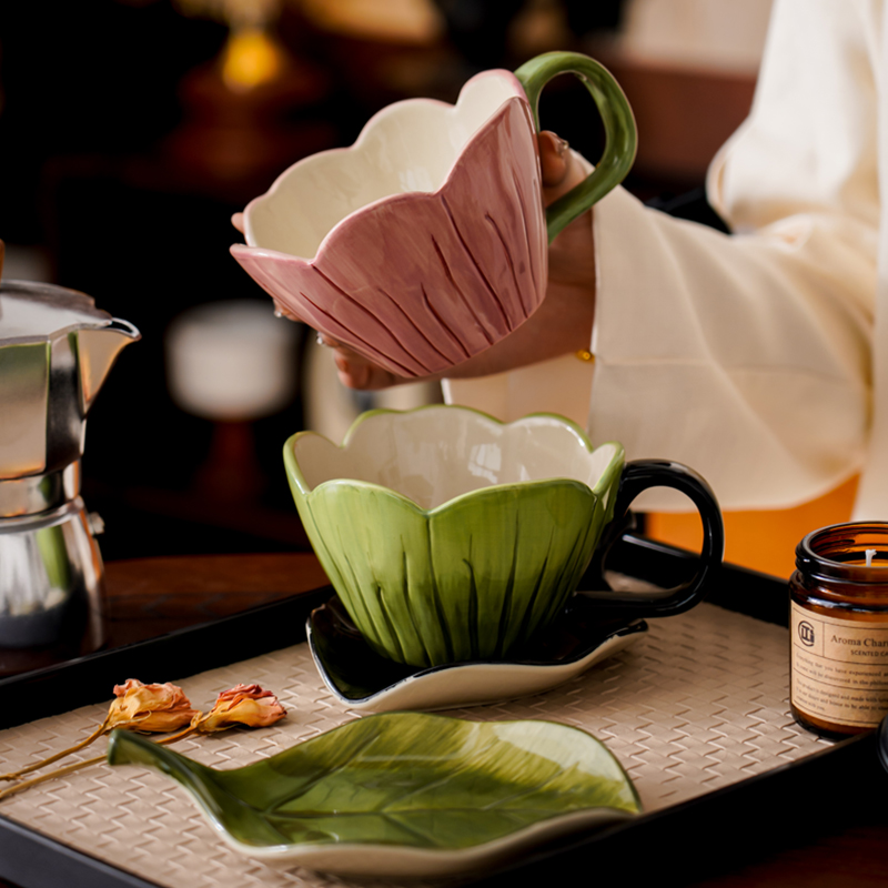 奇创潮居复古手绘郁金香陶瓷咖啡杯碟高颜值拿铁下午茶杯小众水杯