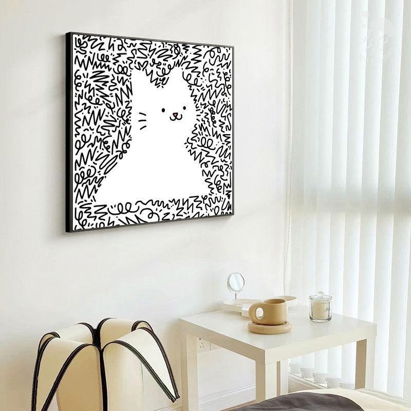 北欧韩国ins猫咪黑白线条装饰画小众卡通趣味动物挂画几何抽象图片