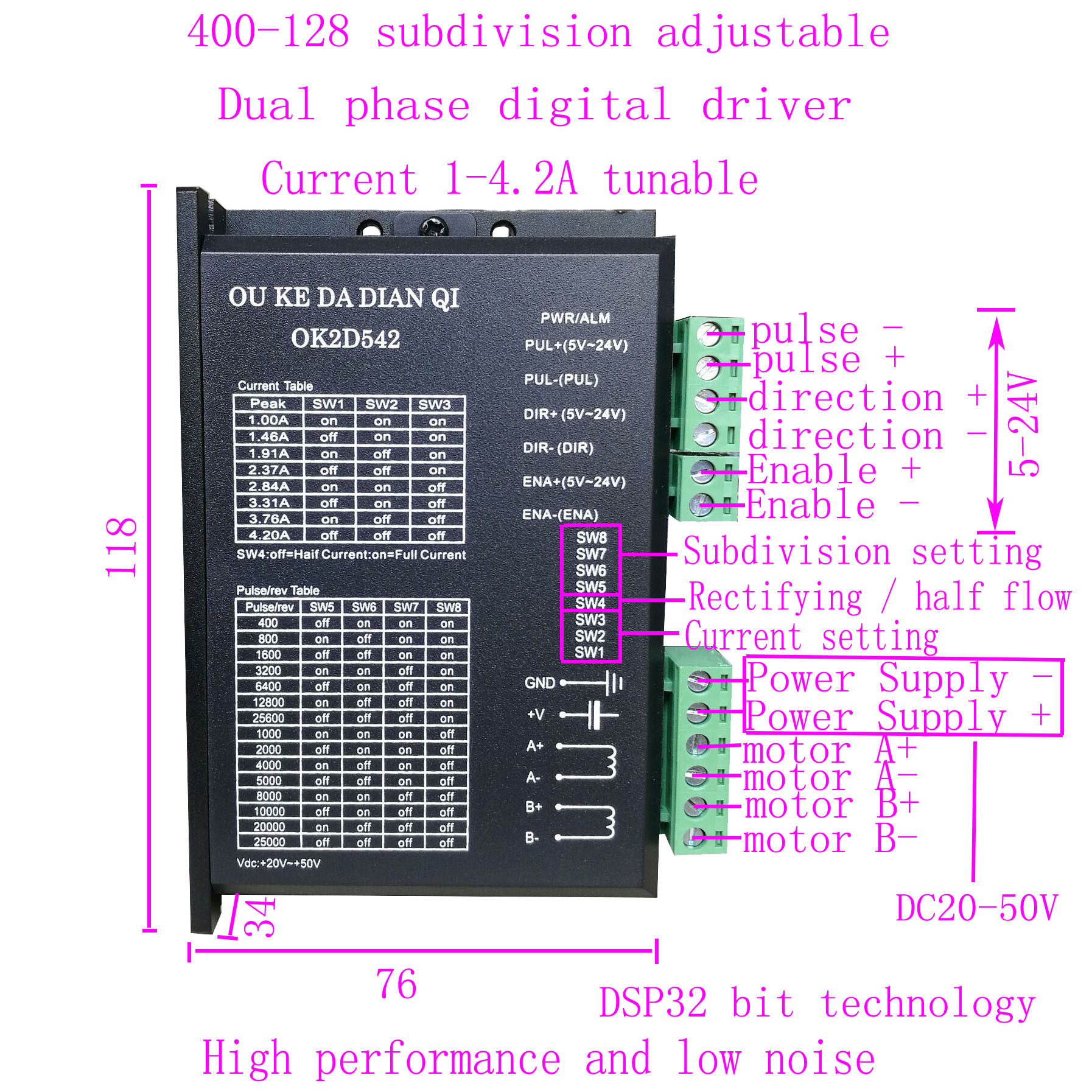 NEMA23 步进电机驱动器 OK2D542 DSP 数字式驱动器 DC20-50V