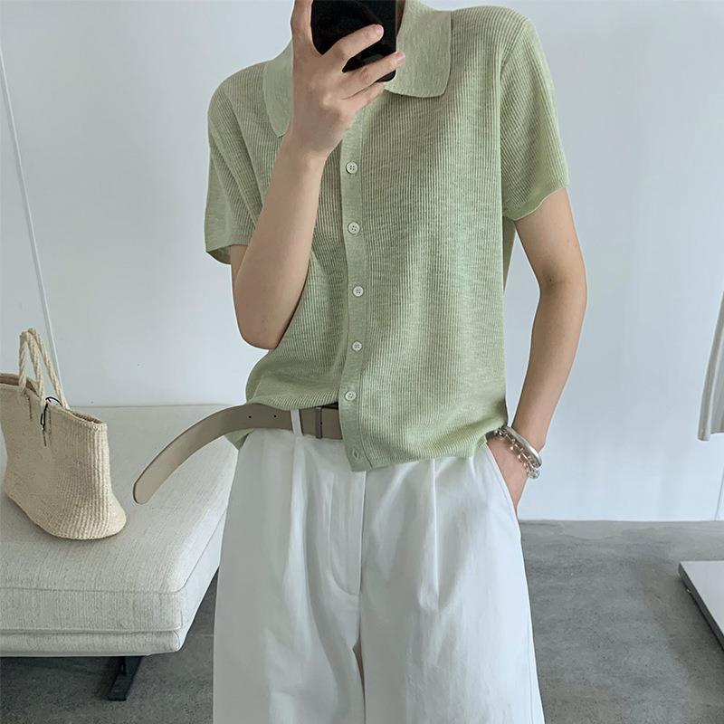 【折扣价】TG韩系简约纯色短袖翻领单排扣显瘦针织上衣女2025夏季