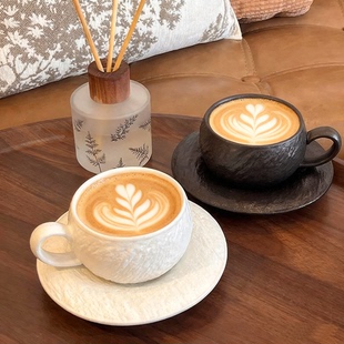 磨砂咖啡杯碟套装陶瓷拿铁拉花杯高级感下午茶杯家用小众喝水杯子