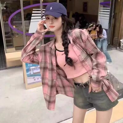 【新款】韩版hiphop撞色格子长袖衬衫宽松慵懒风百搭外套qy