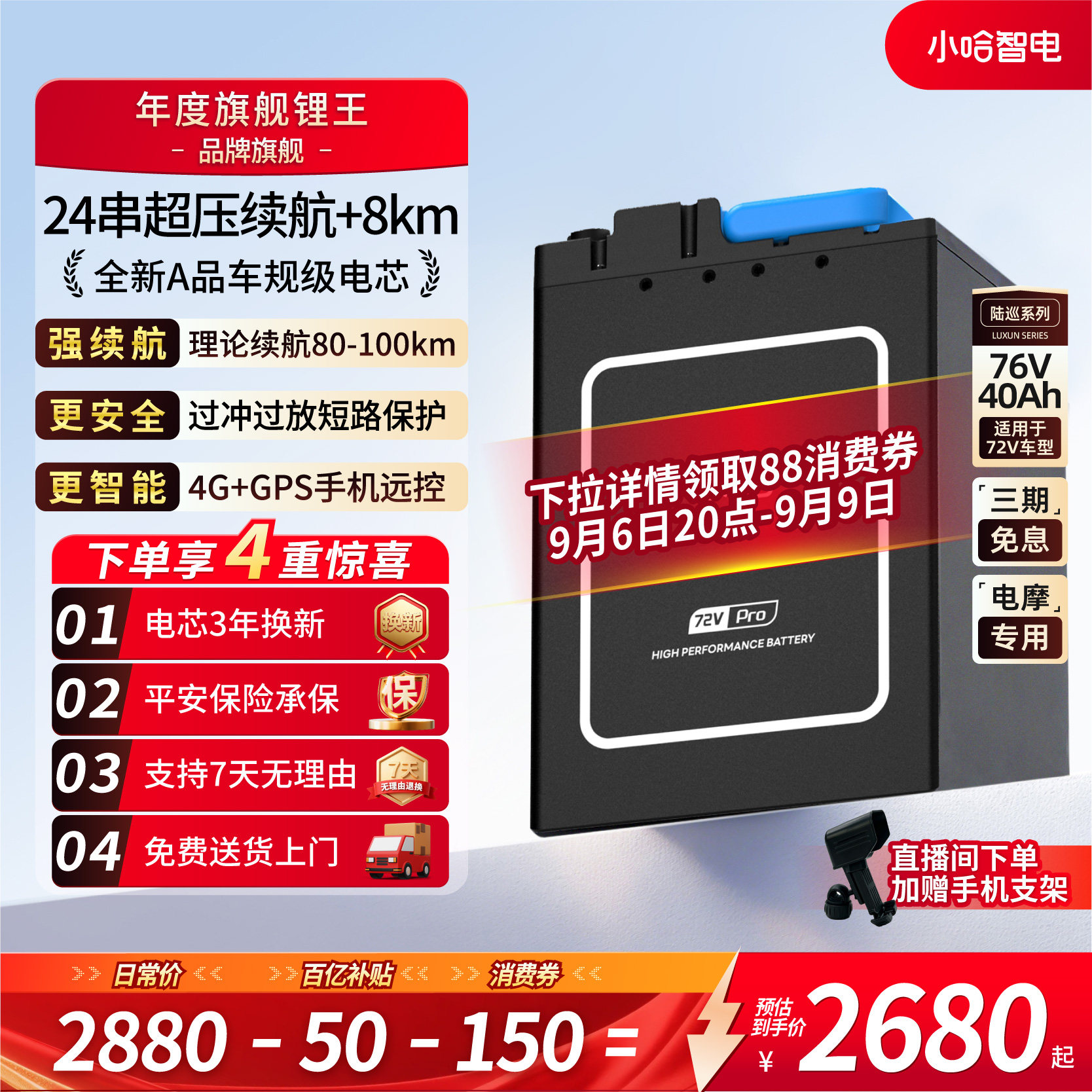 小哈72V40Ah磷酸铁锂电摩电池图片