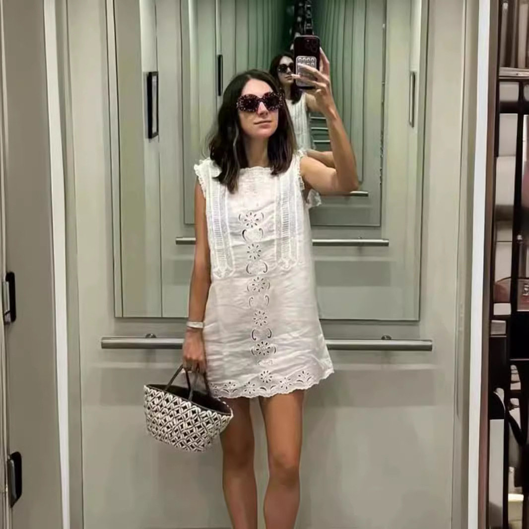 美系DO25夏季新款白色蕾丝花边方领镂空刺绣棉麻混纺连衣裙短裙