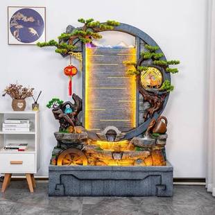 中式 水车双面圆形水幕墙流水屏风办公室阳台庭院玄关大堂假山摆件