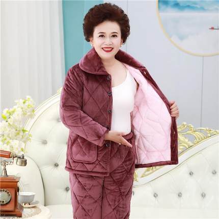 中老年妈妈睡衣女冬季三层加绒加厚夹棉保暖法兰绒家居服外穿大码