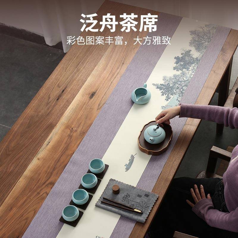纯006色意席防水茶桌旗手绘禅棉麻中式麻布茶桌布加长茶道旗茶垫