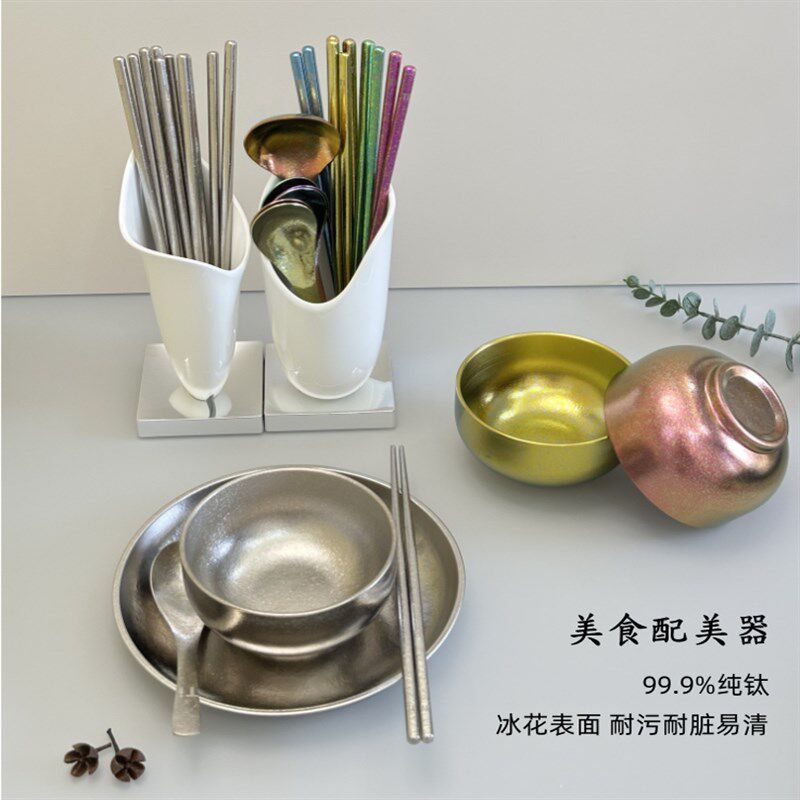 纯钛饭碗家用大号双层加厚纯钛碗高端餐厅餐具户外隔热钛合金圆碗