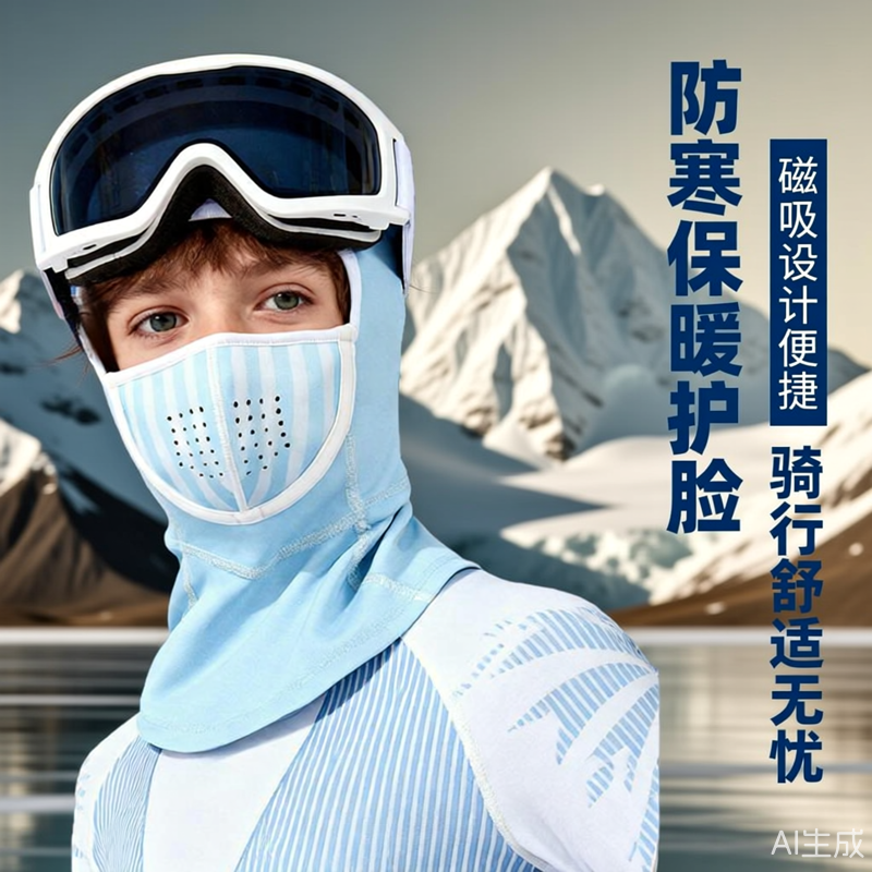 儿童滑雪装备面置保暖男童户外磁吸护脸速干头盔头套女童防风护具