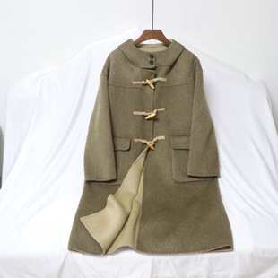 小个子牛角扣毛呢外套 2025秋冬装 法式 连帽双面羊绒大衣女中长款