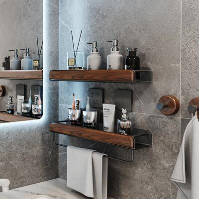 cmeo胡桃木浴室卫生间置物架免打孔厕所洗漱台洗手间收纳毛巾架子