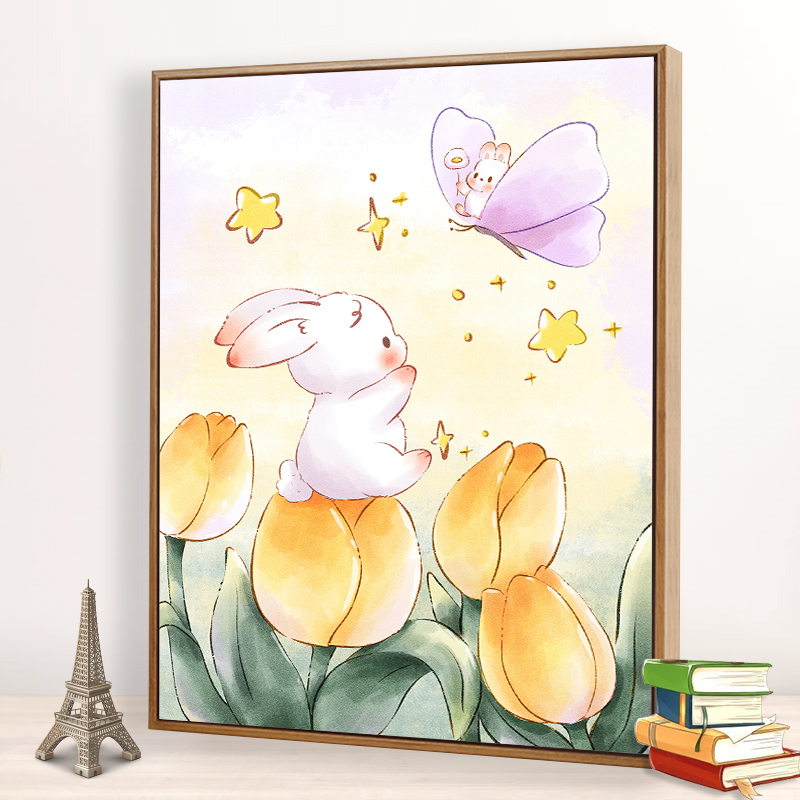 数字油画diy兔子花卉卡通动漫儿童手工丙烯填充画画油彩画装饰画图片