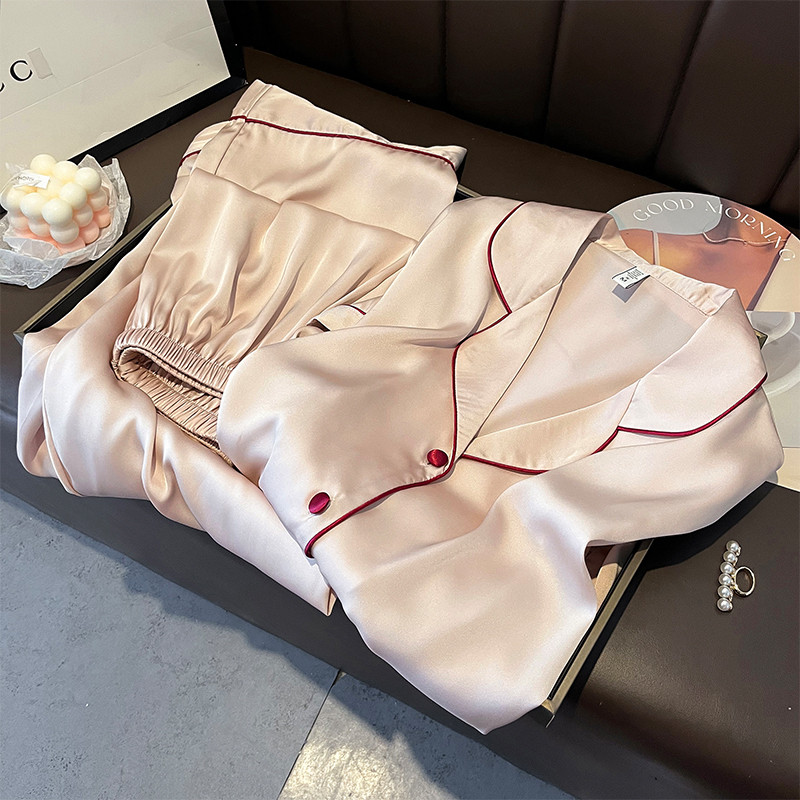 高端纯色真丝睡衣女春夏季长袖家居服高级感冬薄款100%桑蚕丝套装