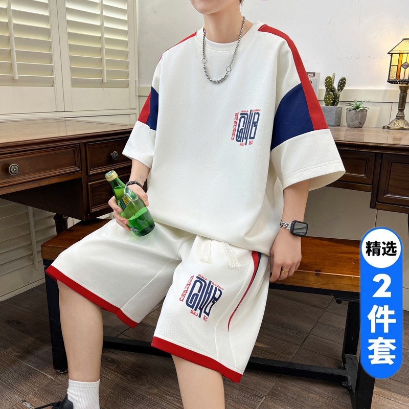 青少年夏季短袖T恤男2025新款高中初中学生帅气套装搭配一套衣服
