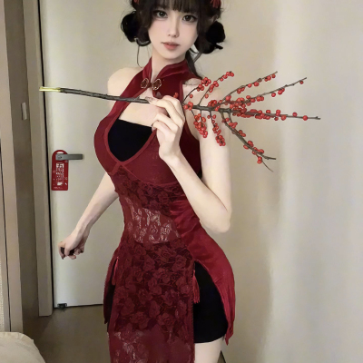 辣妹复古性感新中式微透改良旗袍连衣裙夏季纯欲风包臀短裤两件套