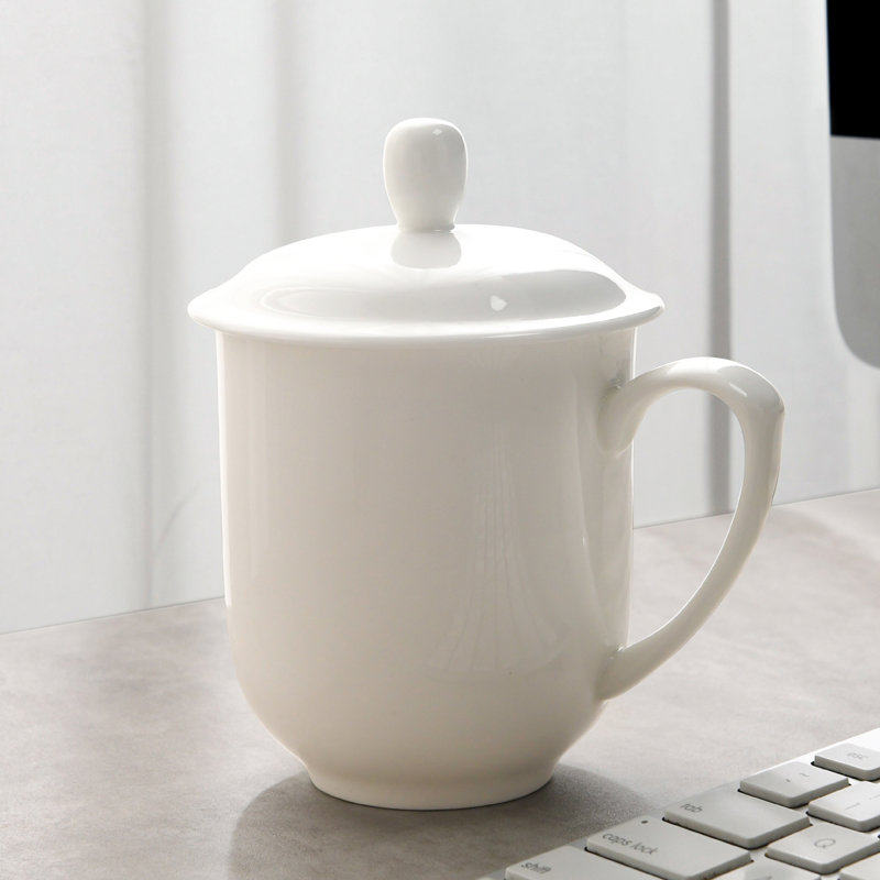 纯白骨瓷马克杯杯子家用喝水盖杯办公室茶水泡茶杯陶瓷带手柄带盖