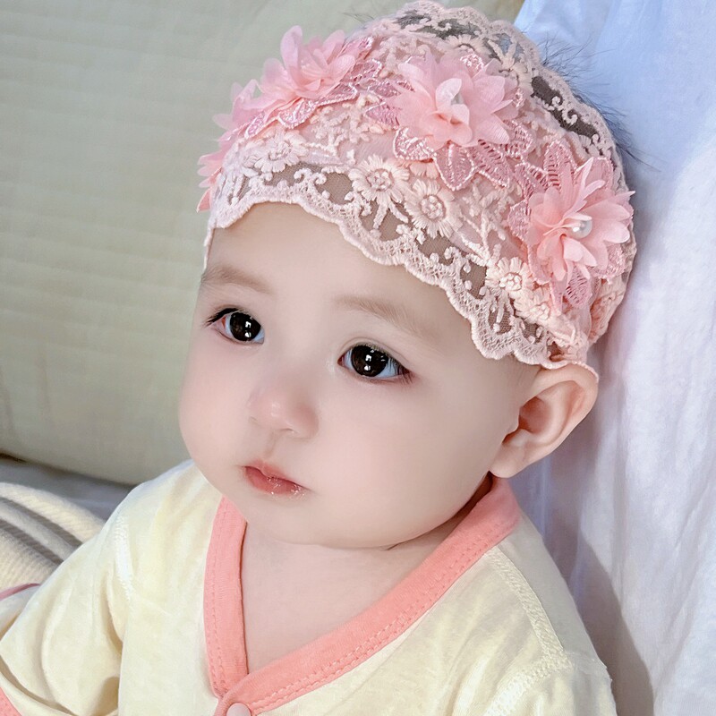 新生婴儿夏季护囟门宽发带宝宝空调房护脑门帽子发饰纯棉蕾丝公主