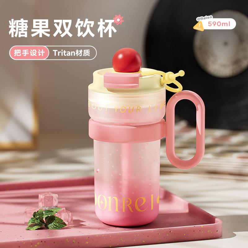 高颜值tritan吸管水杯女大容量便携塑料儿童咖啡泡花茶杯子水