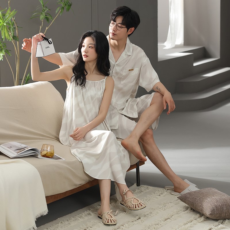 情侣睡衣夏季薄款冰丝睡裙新款春秋款一男一女短袖丝绸家居服套装