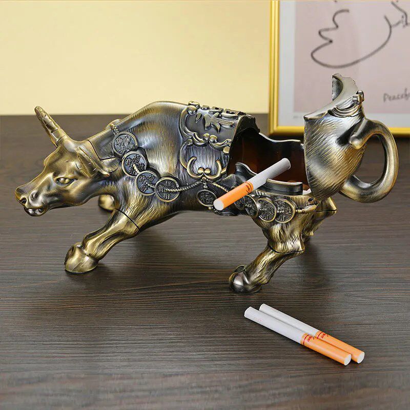 装饰烟灰缸牛家用创意个性复古金属带盖防摔防烟味防飞灰网红烟缸