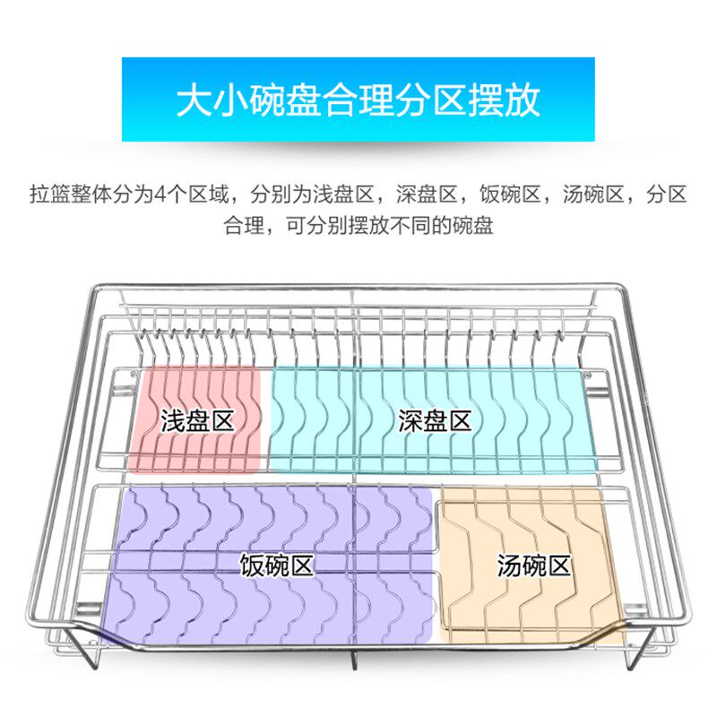 单层304不锈钢碗碟盘架拉篮厨房橱柜拉蓝栏抽屉开门式调味阻尼轨