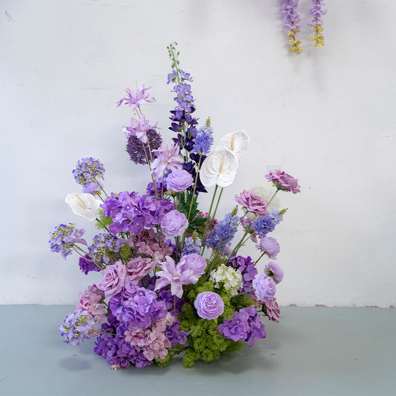 婚礼装饰紫色壁挂花艺 KT板墙面摄影背景布置仿真绢花挂花地排花