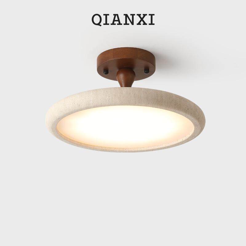 QIANXI黄洞石卧室吸顶灯中古诧寂风圆形LED主卧房间实木饭厅吸顶