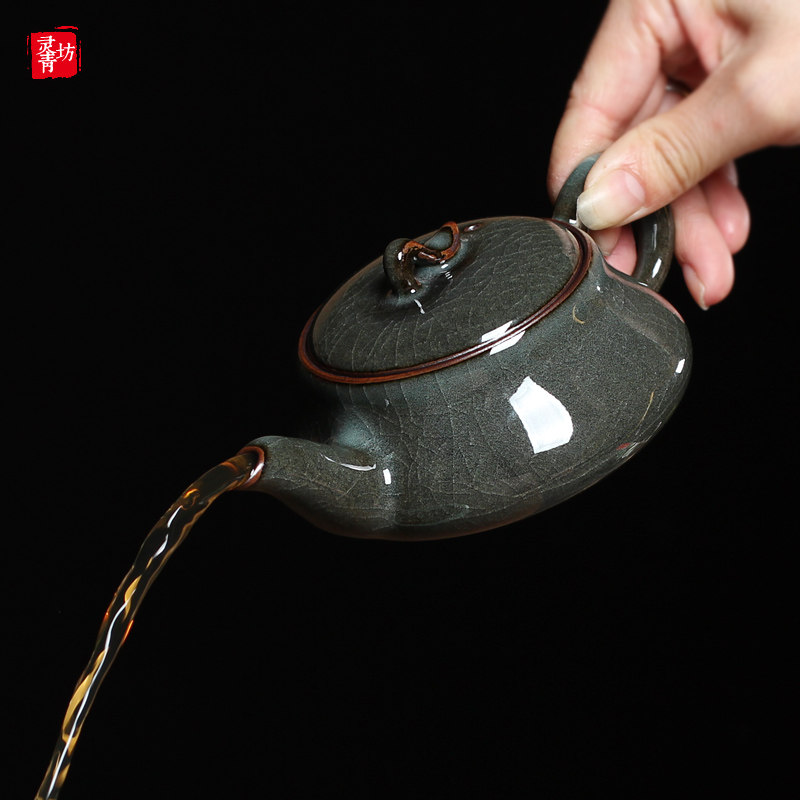 龙泉青瓷纯手工茶壶单壶哥窑铁胎功夫茶具一壶两杯家用陶瓷泡茶壶