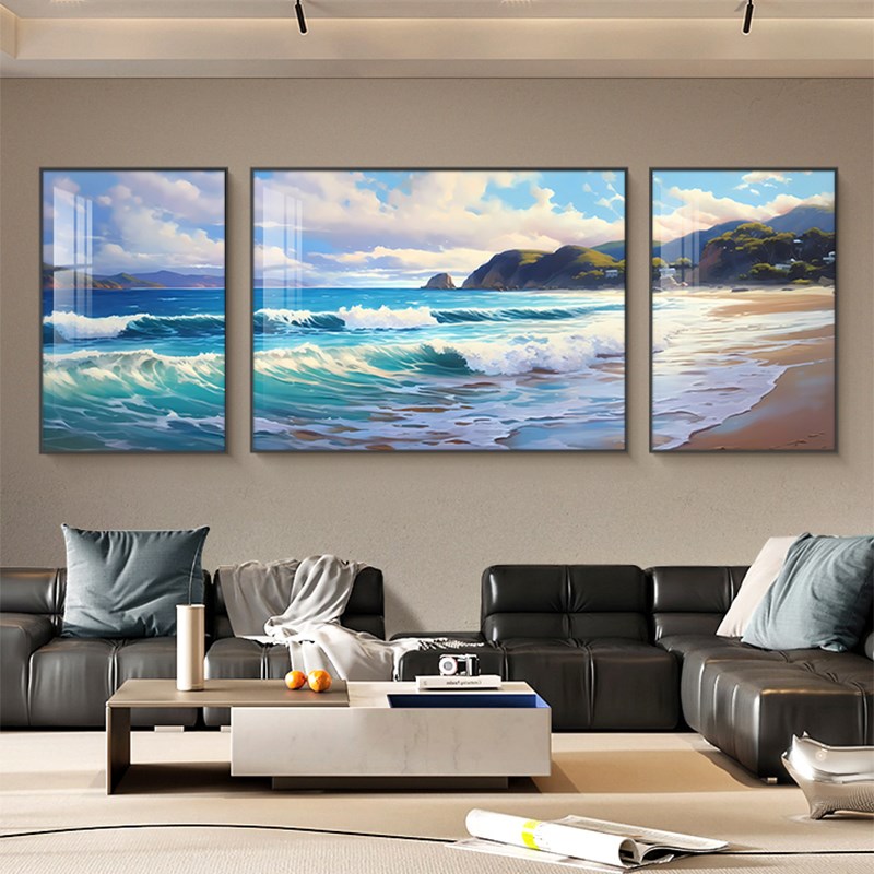 海景客厅装饰画现代简约海浪沙滩温馨三联壁画卧室沙发背景墙挂画