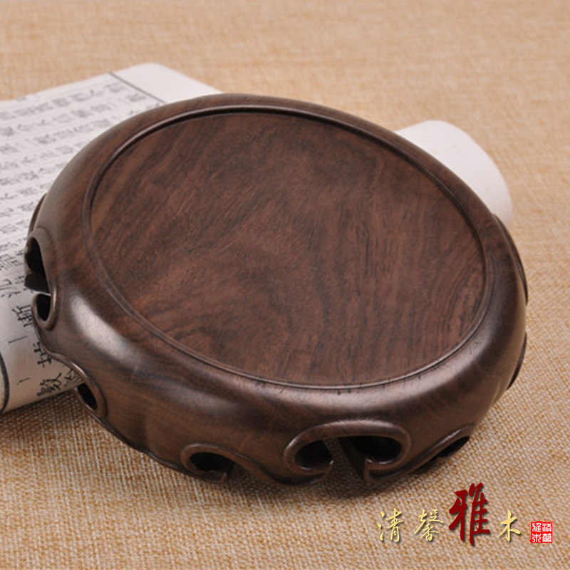 红木工艺品整木雕刻圆形茶壶香炉建盏鱼缸花瓶花盆摆件底座实木托