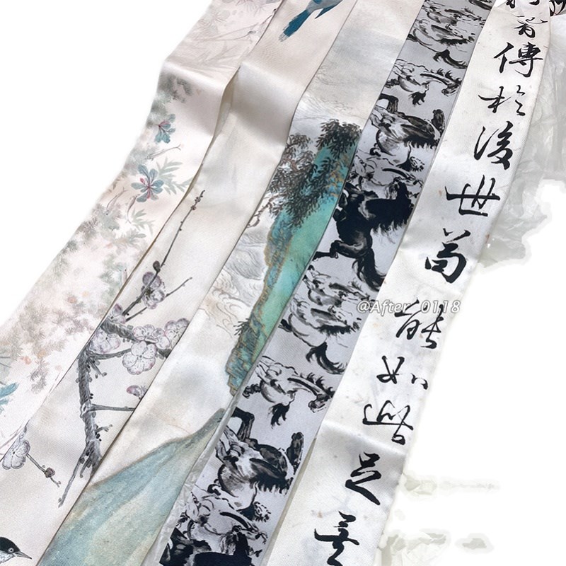新中式国风汉服真丝桑蚕丝丝巾发带水墨画古风绑包小飘带丝带编发