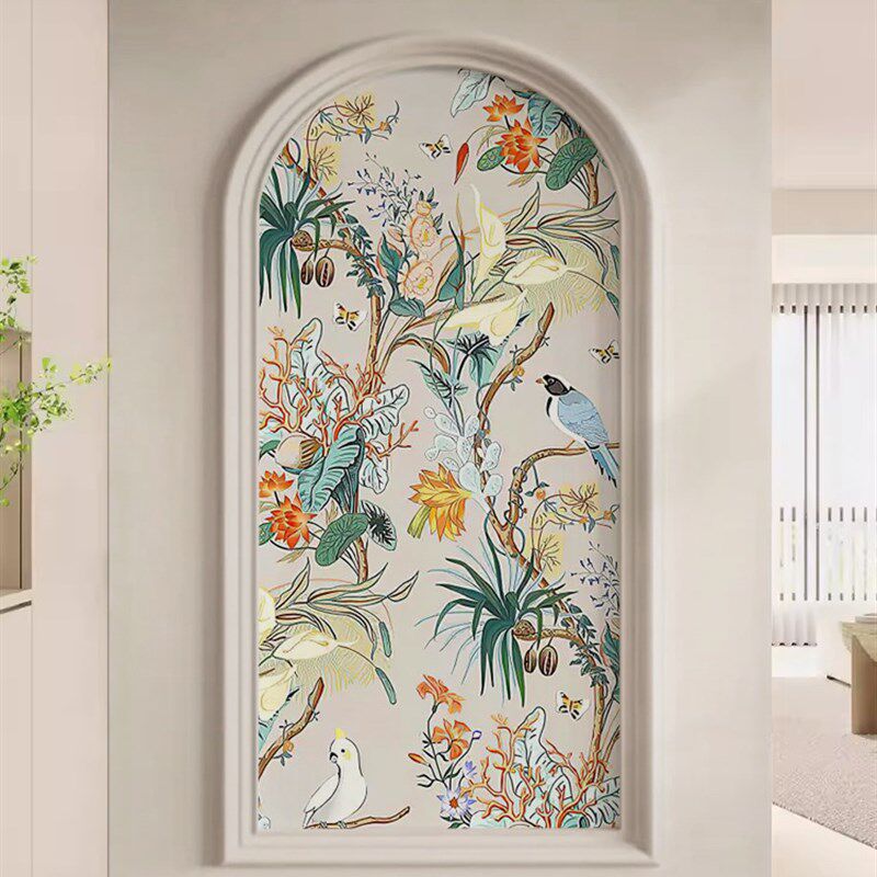 喜上眉梢新中式花鸟画客厅玄关墙布装饰画拱形走廊过道背景墙壁纸