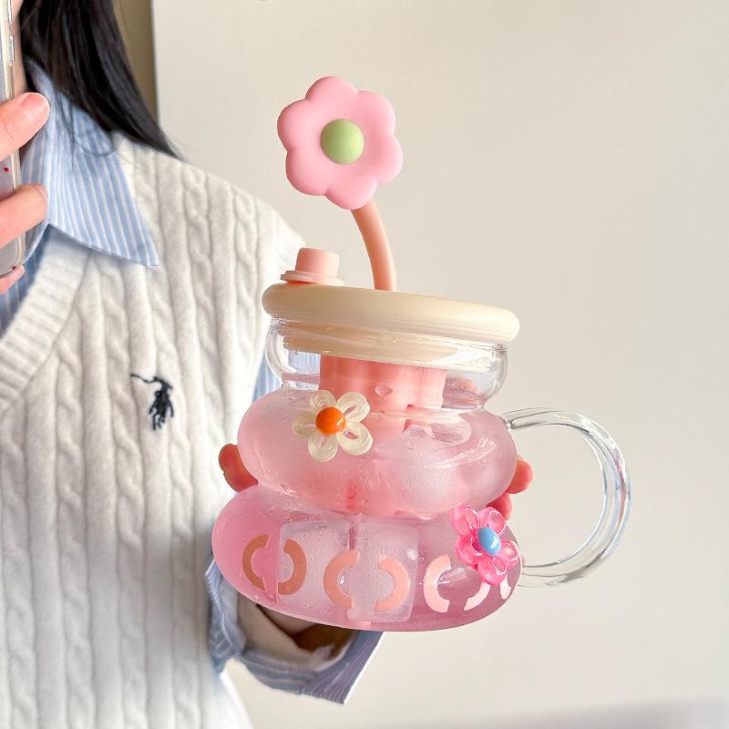 女生玻璃杯大容量茶水分离花茶杯办公室高颜值手柄吸管杯2024新款