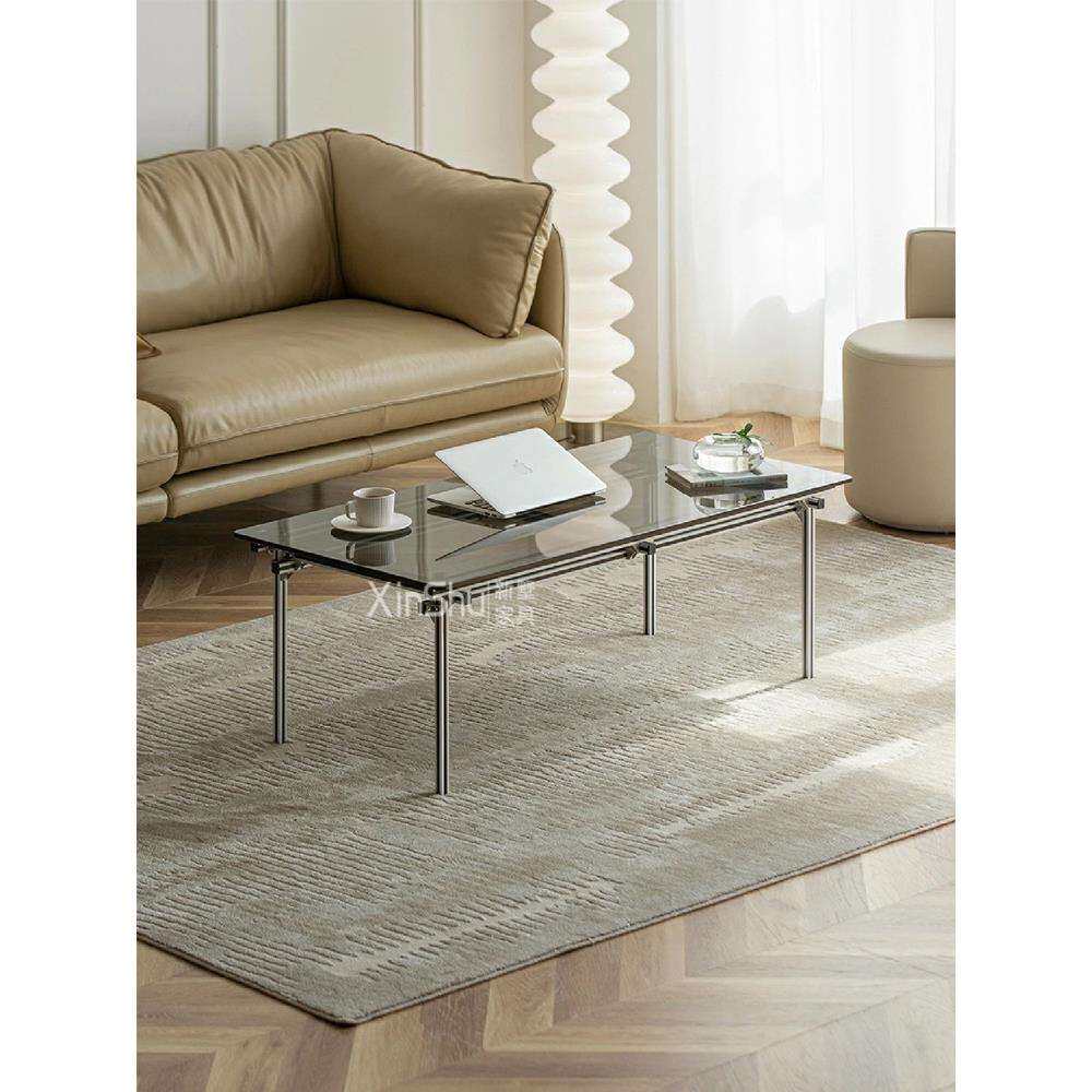 北欧轻奢钢化玻璃面长方形小户型铝型材茶几金属组装客厅茶桌简约