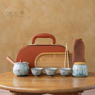 哥窑手绘荷花旅行茶具套装便携式快客杯一壶三杯陶瓷旅行茶具
