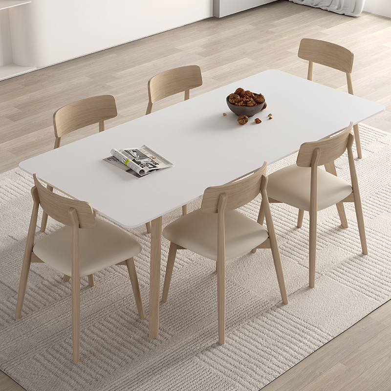 奶油风原木白蜡h木岩板餐桌哑光纯白面网红小户型家用长方形餐桌