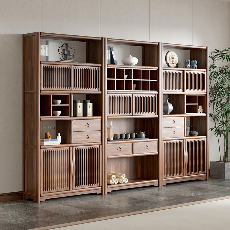 新中式茶叶柜黑胡桃置物s架实木书架书柜展示柜多宝阁老榆木博古