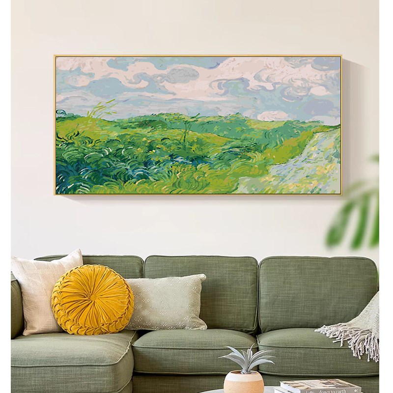横版梵高绿色麦田DIY数字油画客厅背景墙风景装T饰画大幅卧室挂画